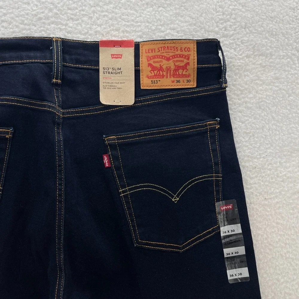 Levis 513 Jeans Mens 36x30 Blue Slim Straight Dark Wash Denim Preppy Grunge